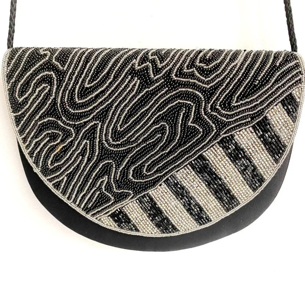 Vintage all Beaded Oval Crescent Shape Art to Wear Crossbody  Bag